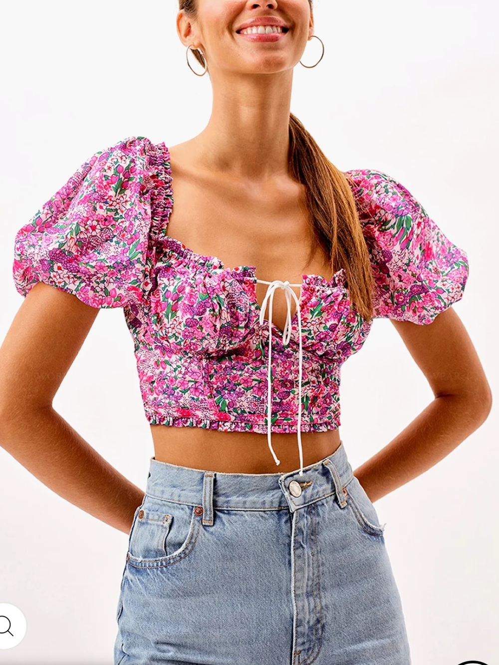 For Love & Lemons Pink Floral Puff-Sleeve Bustier Crop Top